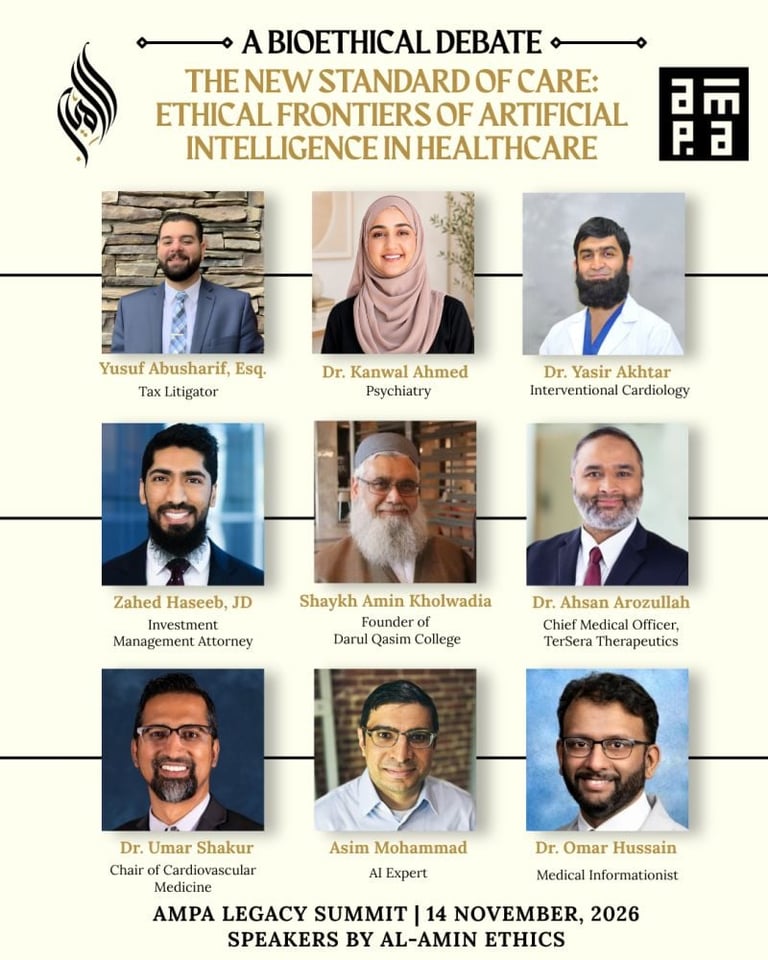 Bioethical debate poster featuring nine speakers discussing ethical frontiers of artificial intelligence in healthcare at AMPA Legacy Summit on November 14, 2026.
